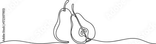 Continuous one line drawing of pear with one whole and one half showing seeds in minimalistic vector style illustration isolated on white background