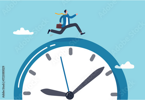 Time run out, deadline or hurry to go to the office late, urgency or determination to finish work fast, stressed or anxiety to complete work concept, hurry businessman run fast on time run out clock