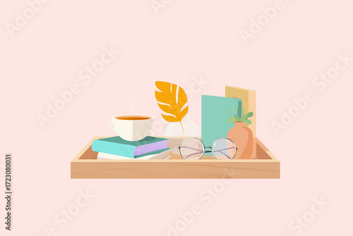 Autumn illustration with a cup of tea, books, and pumpkins on a tray in a minimalist flat style. 