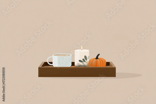 Autumn illustration with a cup of tea, candles, and pumpkins on a tray in a minimalist flat style. 