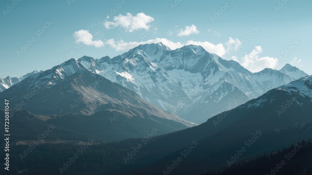 Fototapeta premium Majestic mountain range rises against a serene, light-blue sky, showcasing snow-capped peaks and layered slopes.