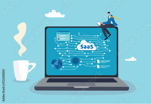 SaaS software as a service, cloud computing software for client subscription, internet web application online platform provider concept, businessman working with computer laptop on SaaS screen