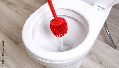 Cleaning toilet bowl with brush and soapy water
