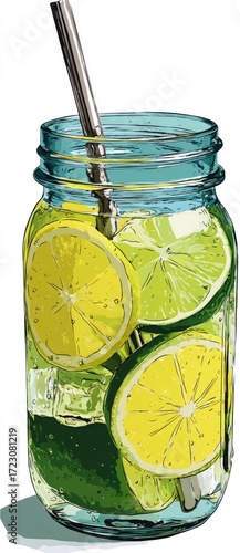 Refreshing iced beverage in a vintage-style mason jar, featuring lemon and lime slices