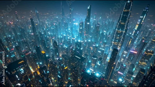 A stunning wide shot of a futuristic cyberpunk city at night with glowing lights and towering skyscrapers.