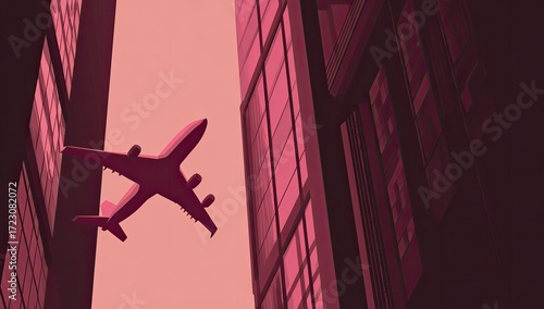 Airplane between skyscrapers in a muted pink and dark setting