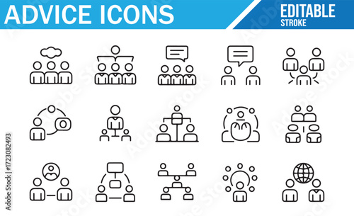 Advice Icons Set – Editable Stroke Outline Vector of consulting, mentorship, teamwork, communication, meetings, hierarchy, and collaboration symbols for business guidance – clean black and white UI pa