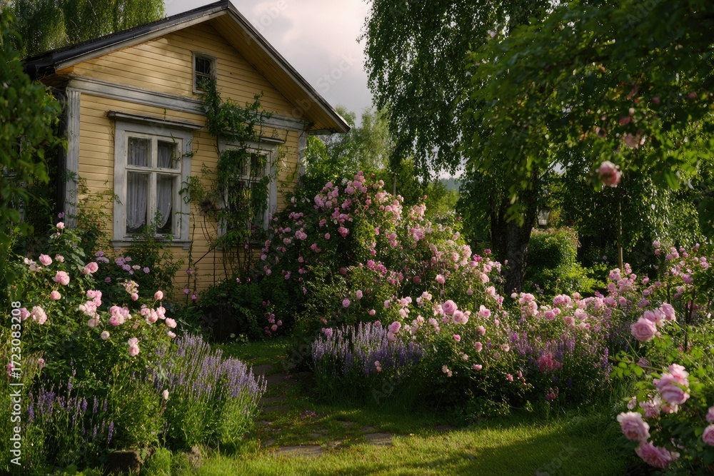 Fototapeta premium Rustic yellow house, vibrant rose garden