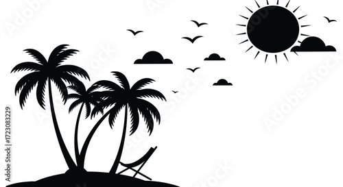Tropical beach scene with palm trees sun and birds a beautiful silhouette