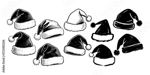 Collection of Santa hats in sketch style, monochrome drawing on white background. Concept of Christmas, holiday season, winter accessory