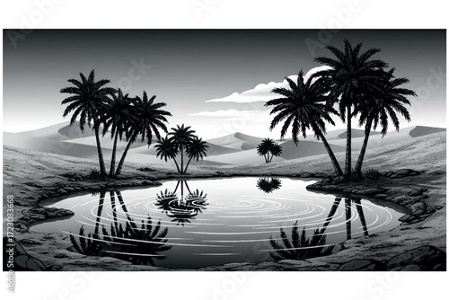 A serene desert oasis with palm trees reflected in calm water under a cloudy sky