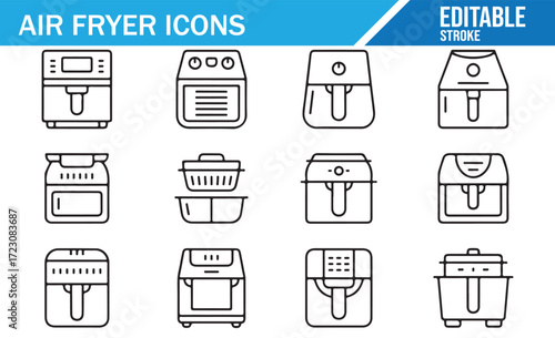 Healthy Cooking Appliance Icons – Air Fryers – Editable Stroke