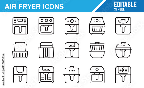 Oil-Free Cooker Icons – Baskets, Timers, Controls – Vector