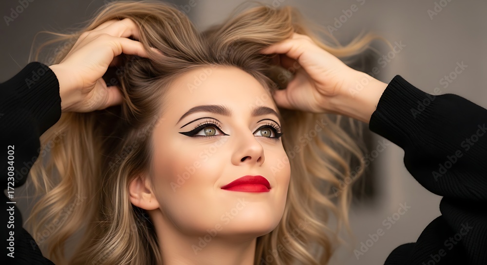 Fototapeta premium Elegant woman with bold eyeliner and red lips arranging her hair for glamour