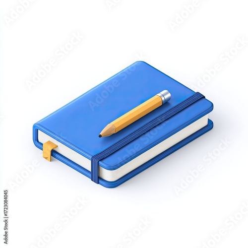 3D isometric illustration of a blue notebook with a pencil