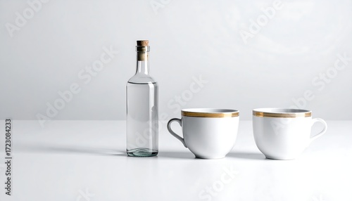 Clear glass bottle and white cups
