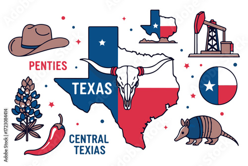 Collage of texas symbols including state map, cowboy hat, and armadillo