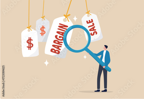 Bargain sale event, finding discount retail price, coupon or promotion offer, price advantage for customer, consumer, special price marketing concept, young man finding special bargain sale price tag
