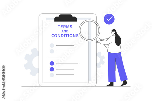 Terms and conditions legal concept design. Woman checking form and agree with the terms and conditions. Flat Cartoon Vector Illustration, icon Stylish abstract design landing page web