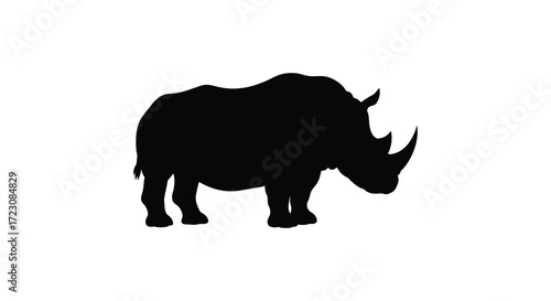 A striking black rhino profile against a white background silhouette