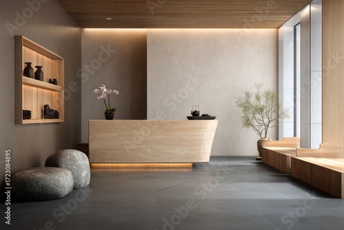 calm minimalist hotel lobby reception with warm wood desk, soft lighting, stone walls, and large windows; serene interior with bench seating