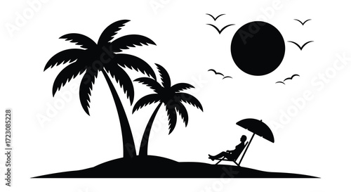 Tropical island scene with palm trees sun birds and relaxing person silhouette