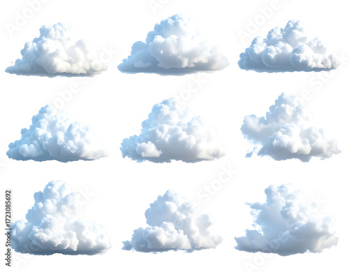 Twelve realistically rendered cumulus clouds, varying in shape and size, isolated on a black background.  They are fluffy, white, and appear three-dimensional