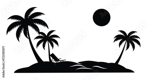 Tropical island scene with palm trees a beach chair and the sun silhouette