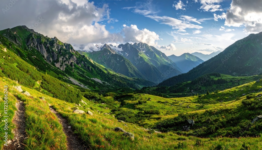 Naklejka premium Lush Green Mountain Valley Under a Dramatic Cloudy Sky Scenery of Rolling Hills and Distant Peaks With Green Grass and Vivid Colors