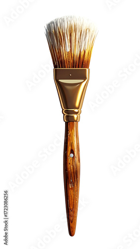 A high-quality paintbrush with a full, white-tipped bristle head, a gold ferrule, and a dark wood handle
