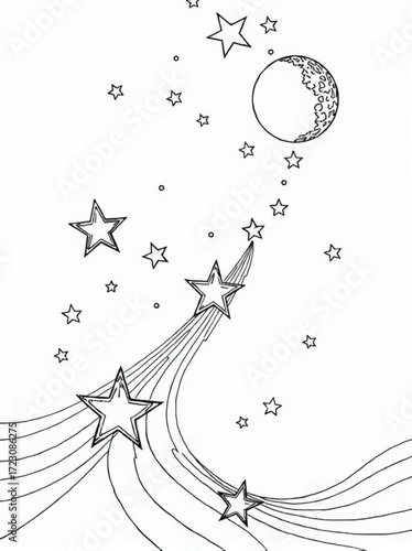 Minimilist illustration of a moon with craters and stars with trails in a black and white coloring page style vector