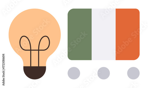 Light bulb symbolizing innovation next to the Irish flag in three colors, with circular shapes below. Ideal for creativity, culture, national pride, innovation, inspiration, design, symbolic