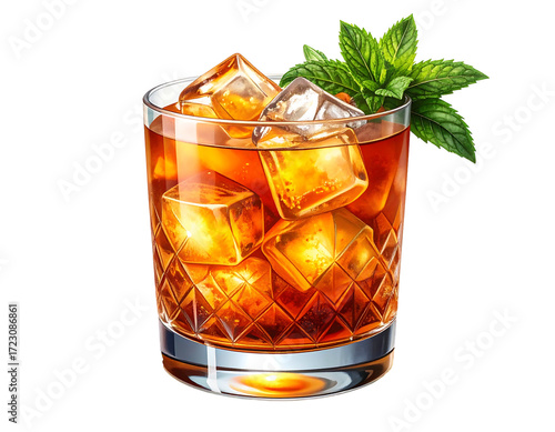 Iced amber beverage in a rocks glass with ice cubes and fresh mint garnish