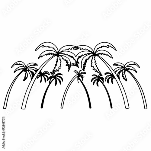 Minimilist outlined palm trees in a group with varying heights and curved trunks against a white background view vector