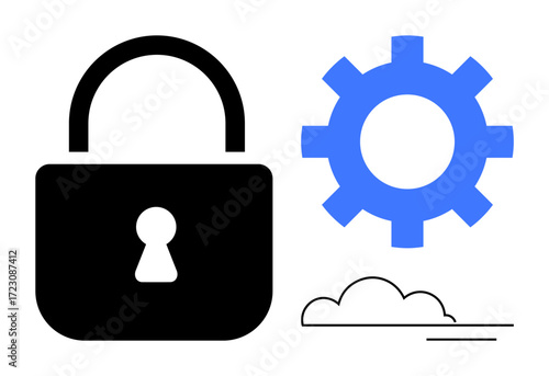 Black lock, blue gear, and minimalist cloud together represent safety, technology, and cloud-based systems. Ideal for cyber protection, innovation, digital safety, industry maintenance