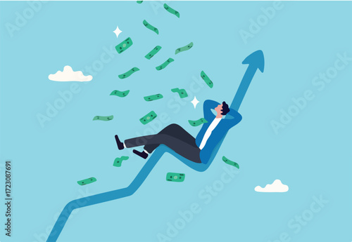 Easy money, passive income earn money while sleeping, get rich quick or success investment, earning from stock market, mutual fund or crypto concept, businessman sleep on bull market rising graph