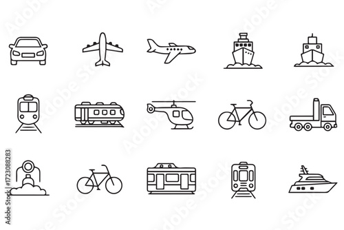 Collection of transportation icons including cars, airplanes, trains, ships, helicopters, and bicycles isolated on Transparent Background