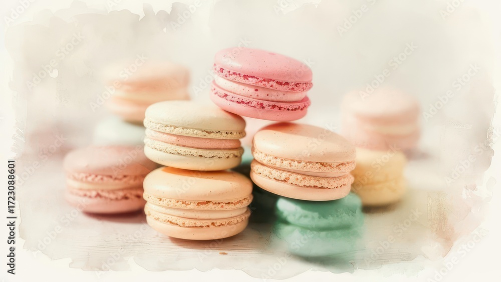 Obraz premium Indulge in delightful pastel macarons artfully stacked, offering a sweet and elegant treat for any occasion, perfect for culinary blogs and charming invitations.