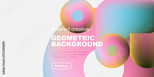 Vibrant abstract shapes overlap, creating colorful geometric background. Text promotes further exploration. Modern design elements present.
