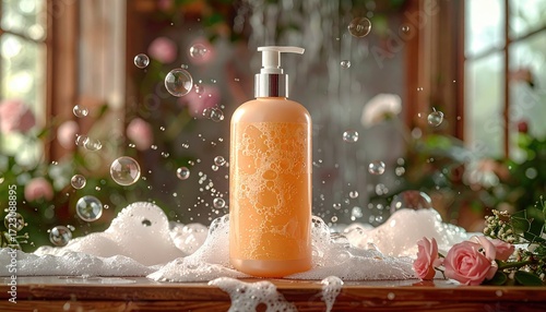 Wallpaper Mural Orange bottle of soap surrounded by bubbles and foam Torontodigital.ca