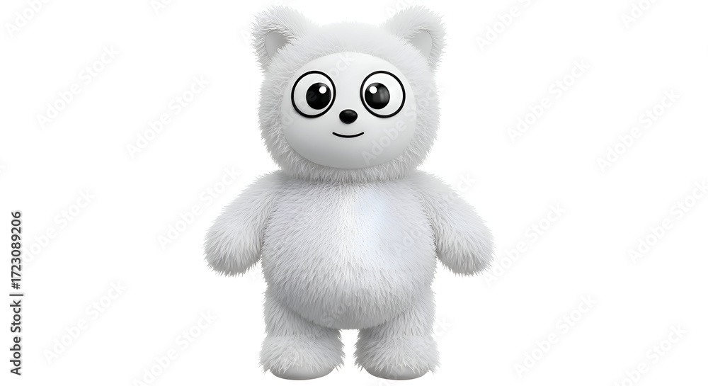 Fototapeta premium Fluffy white cartoon character with a friendly face and big eyes isolated on white background