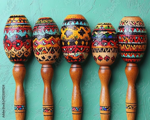 Colorful handcrafted maracas arranged in a row