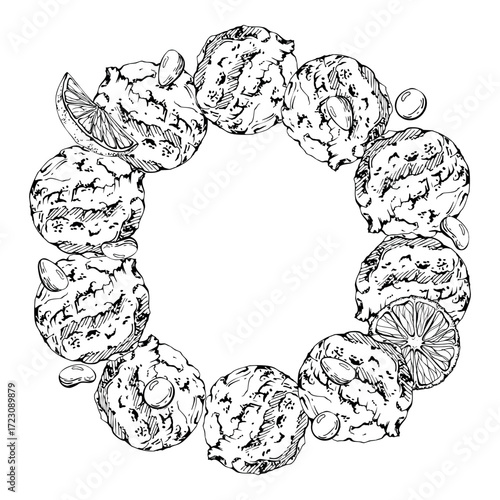 Sorbet gelato ice cream scoops with citrus orange slices, coated candy bonbons. Vector graphic wreath frame hand drawn in pen and ink, detailed line sketch. Sweet branding, artisanal flavor label