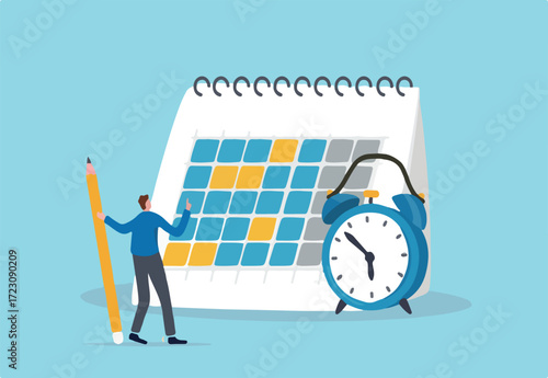 Schedule planning and time management, organize meeting and appointment, event reminder or business schedule concept, businessman holding pencil planning work schedule on calendar and alarm clock
