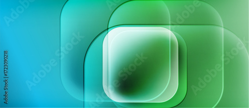 Abstract composition. Rounded squares overlap, creating gradient effect. Blue transitions to green hues. Soft lighting, modern design.
