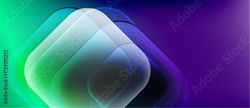 Abstract layers create glowing geometric shape. Teal transitions into violet hues. Smooth gradients suggest depth, light interplay.