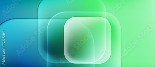 Abstract gradient shapes overlap, creating luminous effect. Blue transitions to vibrant green. Minimalist design, smooth curves present.