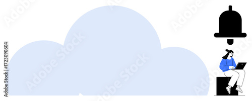 Woman working on laptop near a large cloud and notification bell. Ideal for technology, productivity, cloud storage, collaboration, remote work, online alerts, data management concepts. Minimal flat