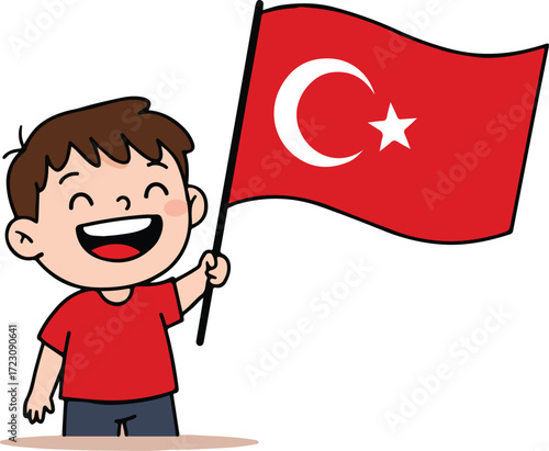 Excited Cartoon Boy Joyfully Waving Turkish Flag