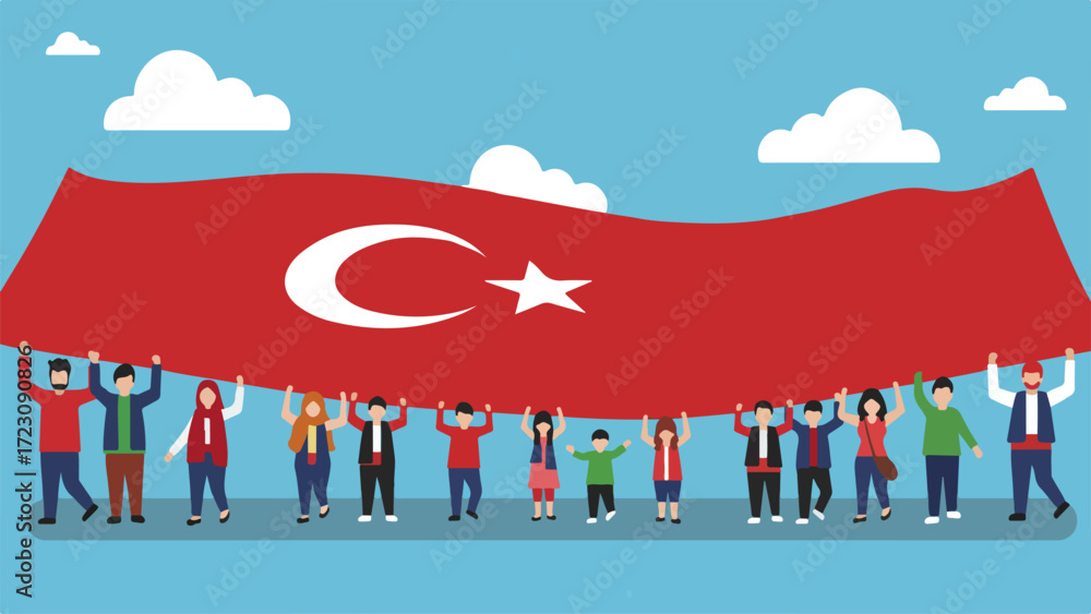 Naklejka premium Diverse Group of People Holding Large Turkish Flag in Celebration